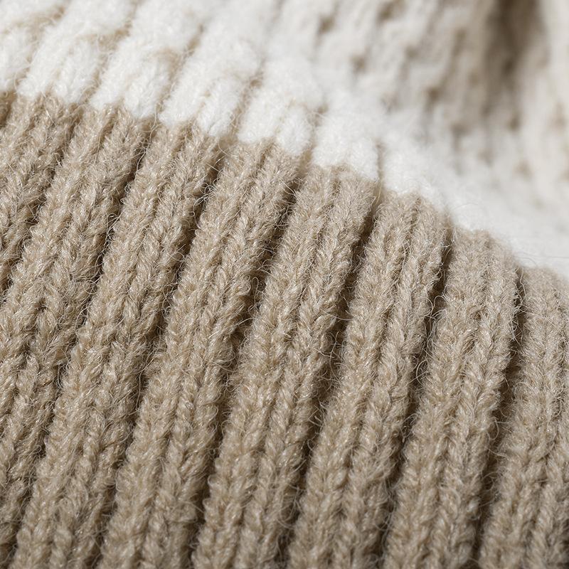 Hat, Female, Autumn and Winter with Fur Ball, Warm and Thickened, Padded Knitted Cap, Fashion Color Blocking, Outdoor Woolen Cap