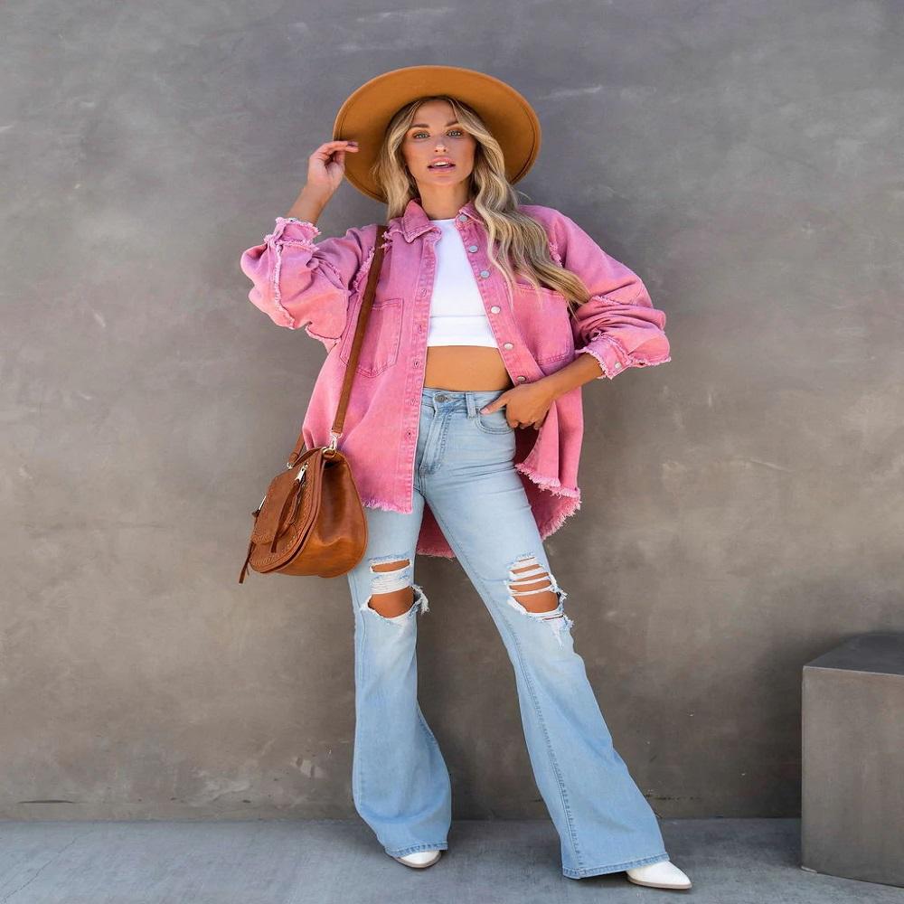 

Женская весенне-осенняя повседневная джинсовая куртка с длинными рукавами и кисточками на пуговицах XS розовый