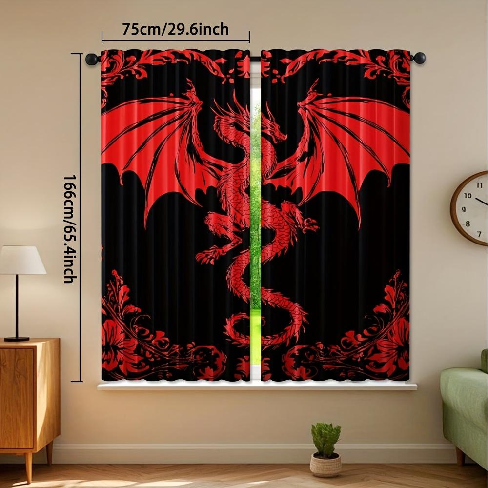 2pcs Bohemian Exotic Dragon Print Curtains - Black with Red & White Dragon Design   Light Filtering Polyester   Rod Pocket for Eas