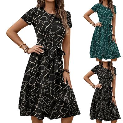 Women's Fashionable Retro Patterned Printing Color Blocked Belt Casual Dress