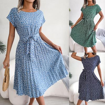 Robe plissée à fleurs pour femmes, tenue d'été décontractée à col rond et manches courtes, froncée, bandage, mi-longue, plage, bohème, chic, ligne A