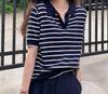 Women's Knitted Ice Silk Striped V-Neck Short Sleeve T-Shirt, Hong Kong Style, Summer 2025 Korean Fashion