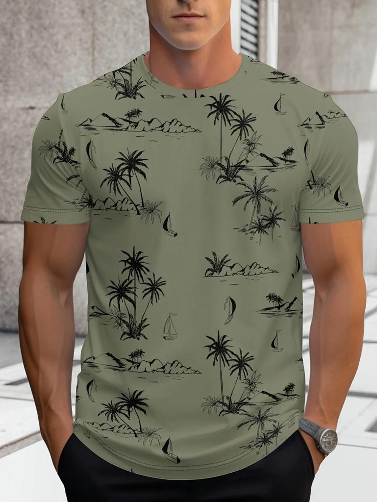 Men's Hawaiian Short-Sleeved T-Shirt Coconut Tree Pattern Print Fashion Casual Quick-Dry Vacation Party Premium Men's Clothing