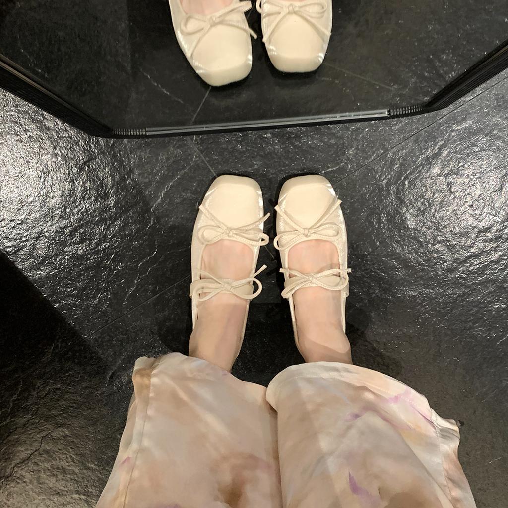 Height Increase 4cm~ Bow Square Head Versatile Light Mouth Mary Jane Single Shoes Women's Spring and Summer Ballet Shoes Streamer Fairy