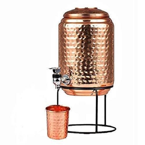 5 Litre Hammered Copper Water Dispenser (Matka/Pot) Container Pot with 1 Copper Glass and Stand,Pure Copper and Ayurvedic Health Benefits (5000 Ml)