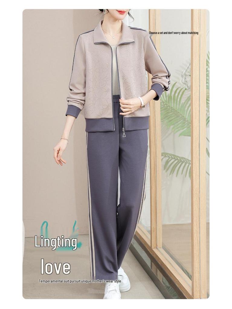 2025 Spring Tracksuit for Middle-aged Moms: Age-defying Casual Jacket and Top Set for Spring and Autumn