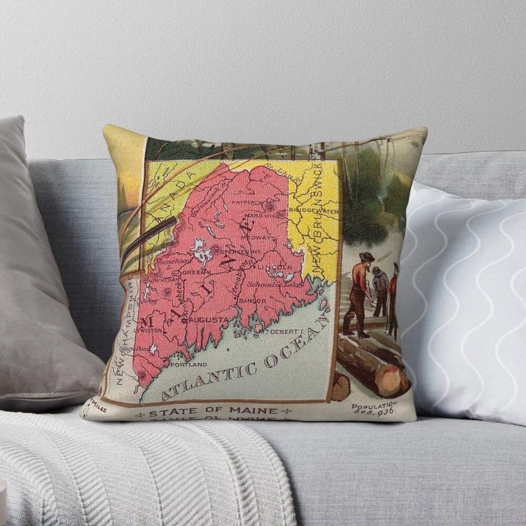 Vintage Maine Map Square Pillowcase Polyester Linen Velvet Creative Zip Decorative Home Cushion Cover x