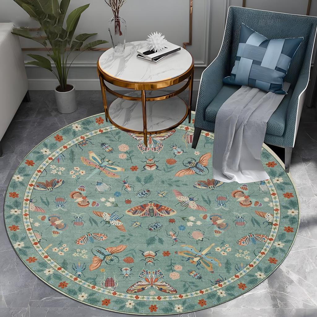 Runder Insekten-Garten-Teppich - Schmetterlinge/Libellen/Käfer mit Blumenrand, Natur-inspirierter Teppich für Boho-Wohnzimmerdekoration