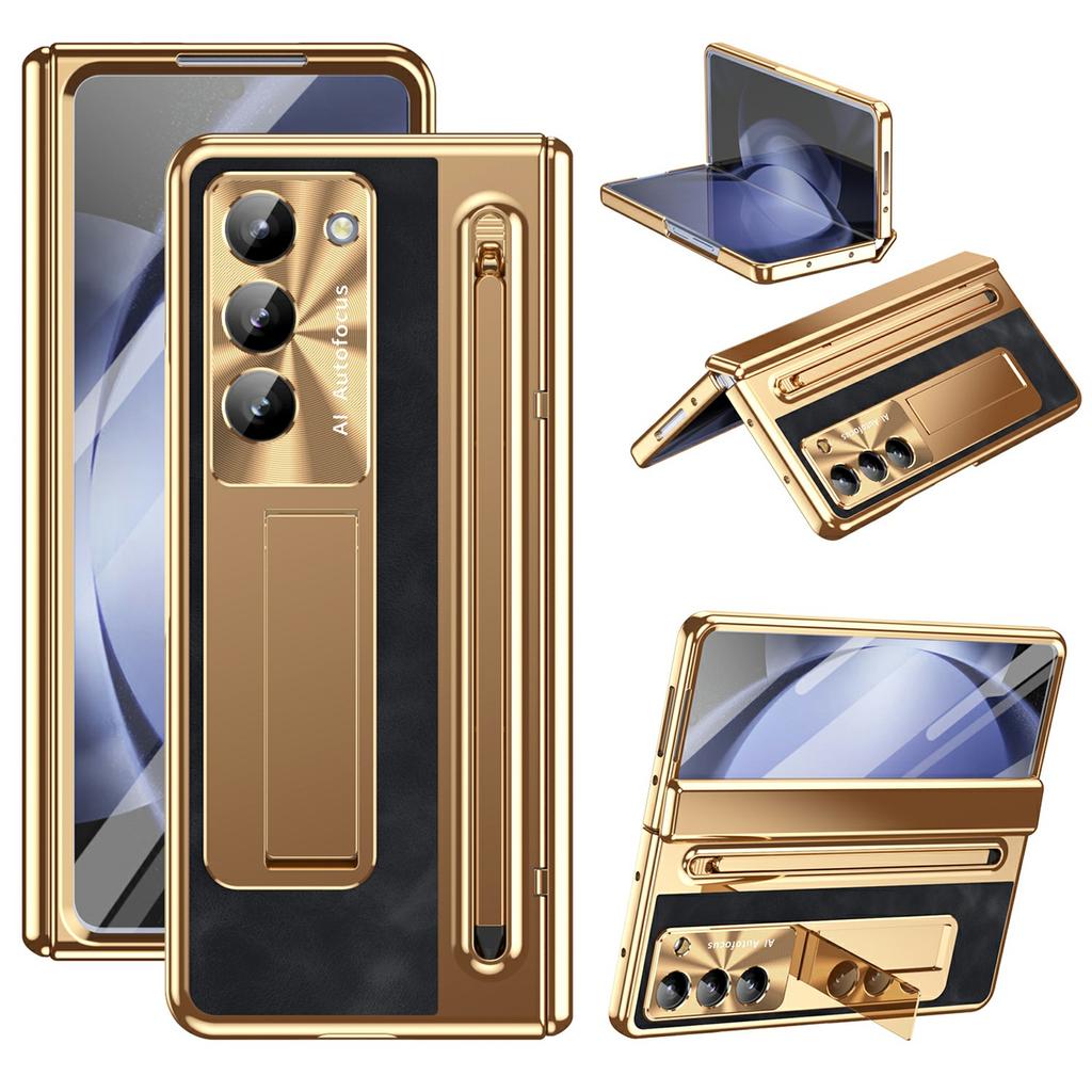 For Samsung Galaxy Z Fold6 5G Case Electroplating Edge PC+PU+Glass Film Phone Cover with Stylus