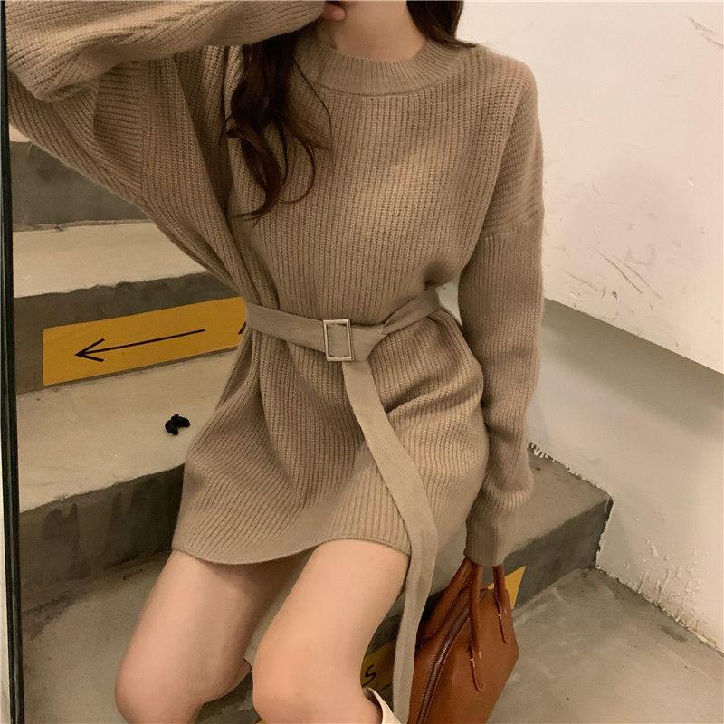Women's Knit Dress Autumn Winter Simple Midi Sweater Dress Slim Fit Pullover Sweater Dress with Belt