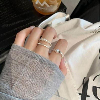 Super Fairy Silver Flake Elastic Beaded Pearl Ring for Women: Handmade, Versatile, Stackable, Creative Daily Wear Index Finger Ring.