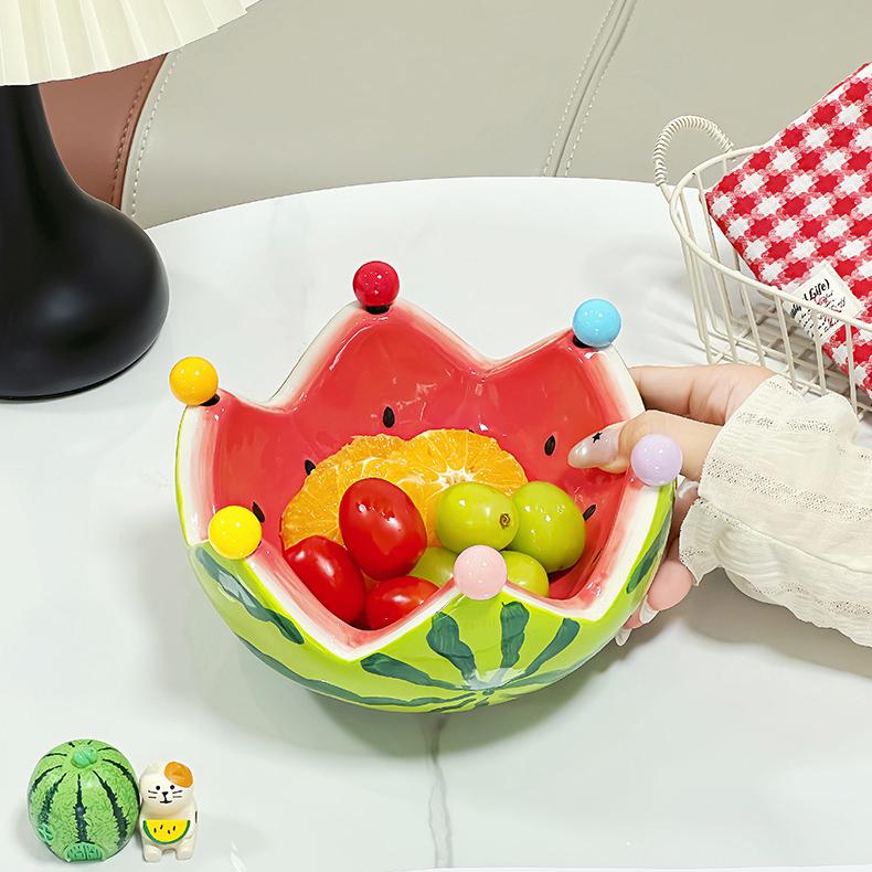 Creative Crown Watermelon Ceramic Fruit Bowl, Cute Salad Dessert Bowl with Fruit Fork for Home Use