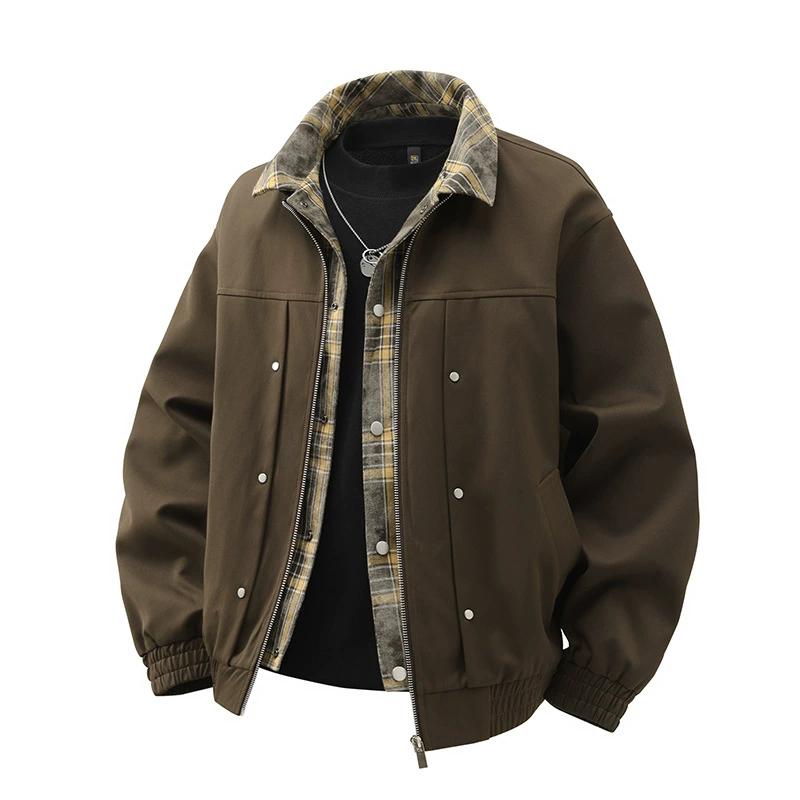 Chaqueta de Cuello de Dos Piezas Falsas con Empalme de Cuadrícula para Hombre Talla Grande M-8XL