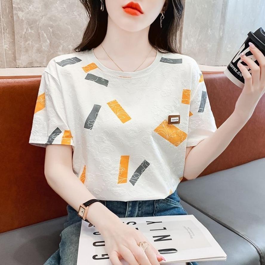 Women's Fashion Casual Summer Spring Geometric Print Short Sleeve O-Neck Blouses & Shirts