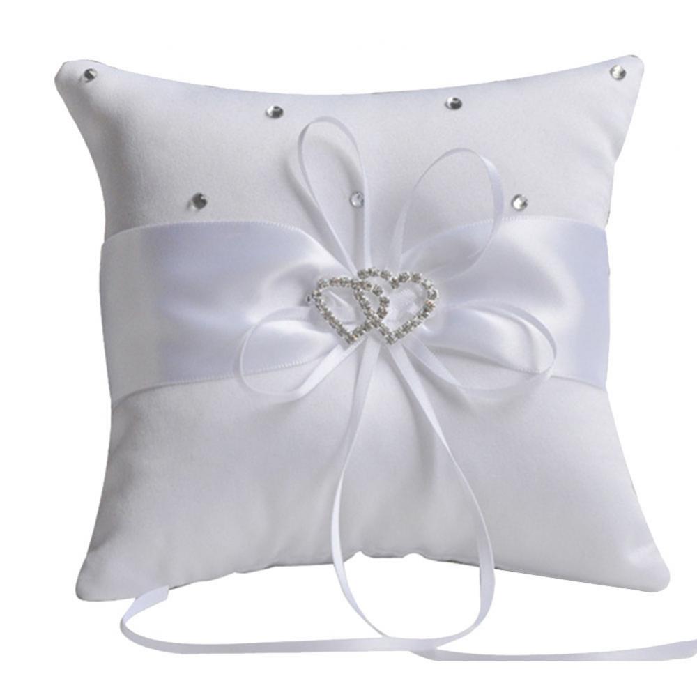 Romantic Ring Pillow 10x10cm Bridal Wedding Double Heart Ribbon Cushion Decor