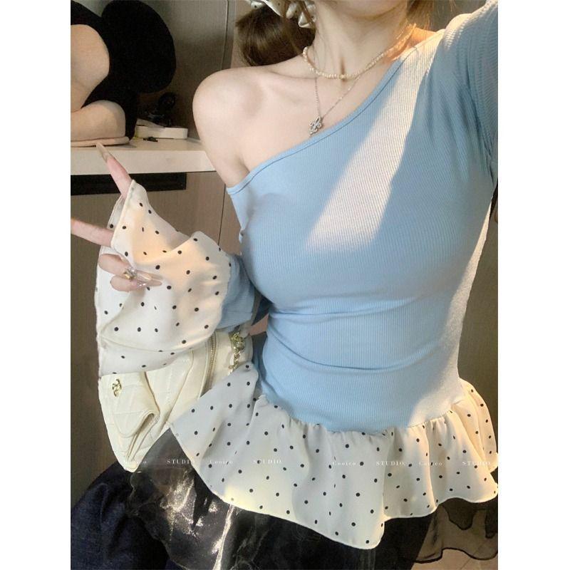 Women's Gray Slim-Fit Off-Shoulder Fur Collar Long-Sleeve Top for Autumn/Winter