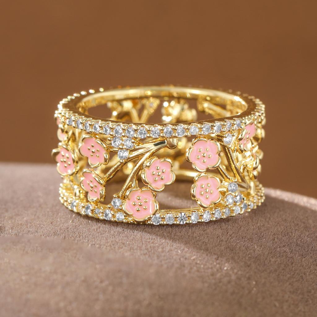 Luxury elegant copper ring for women with pink flowers & inlaid artificial gems ring, fit leisure and dating wear.