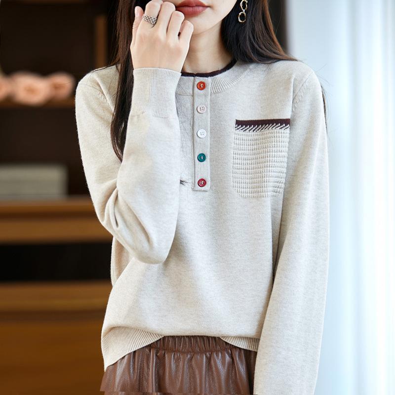 

Новый осенне-зимний женский вязаный свитер с круглым вырезом и цветными пуговицами, две декоративные накладки-кармана, вязаный базовый слой XXL белый