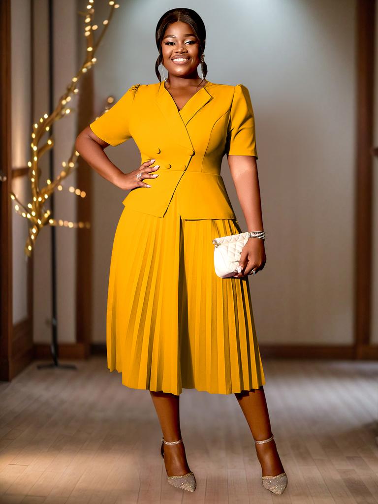 AOMEI Elegant Women Dresses Formal V Neck Short Sleeve High Waisted MIdi Pleated Dress Plus Size