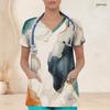 Women Plus Size Printed V Neck Short Sleeve Nurse Scrub Top with Front Pockets