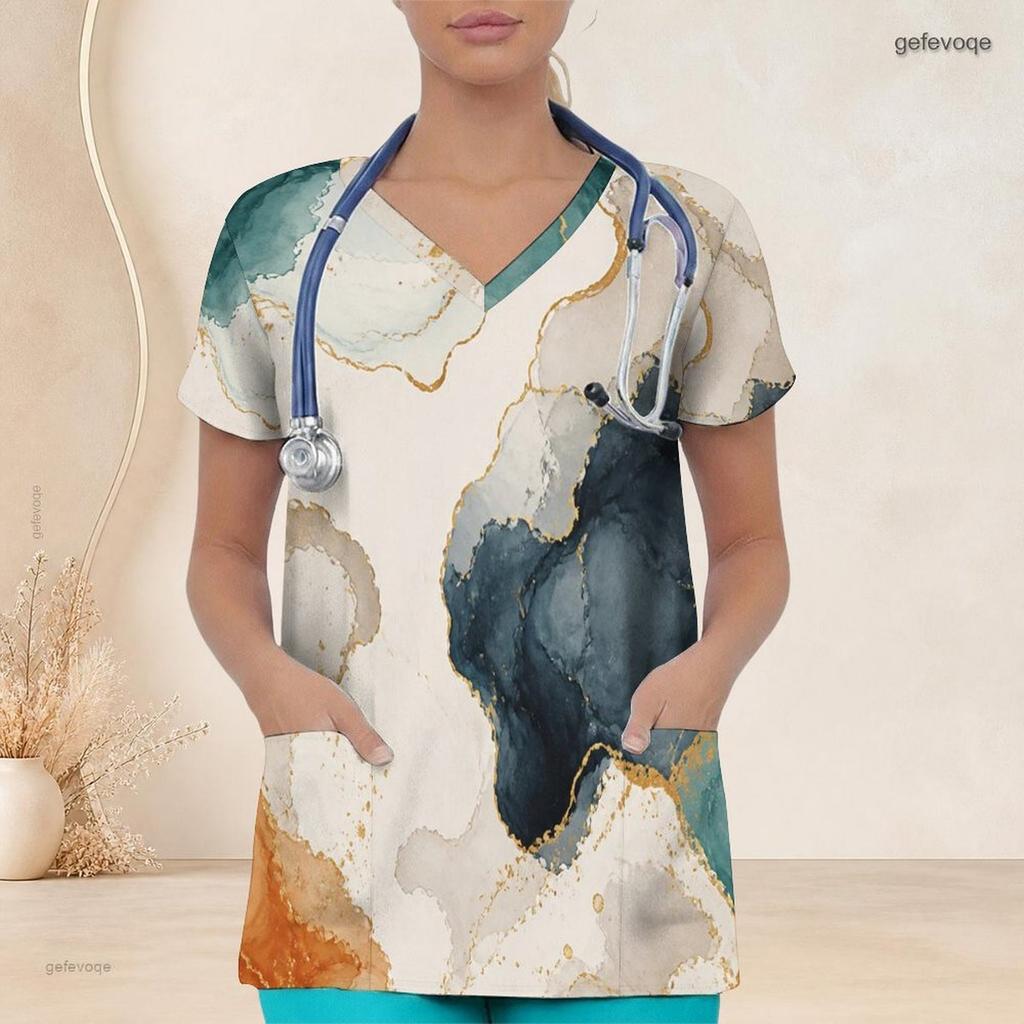 Women Plus Size Printed V Neck Short Sleeve Nurse Scrub Top with Front Pockets
