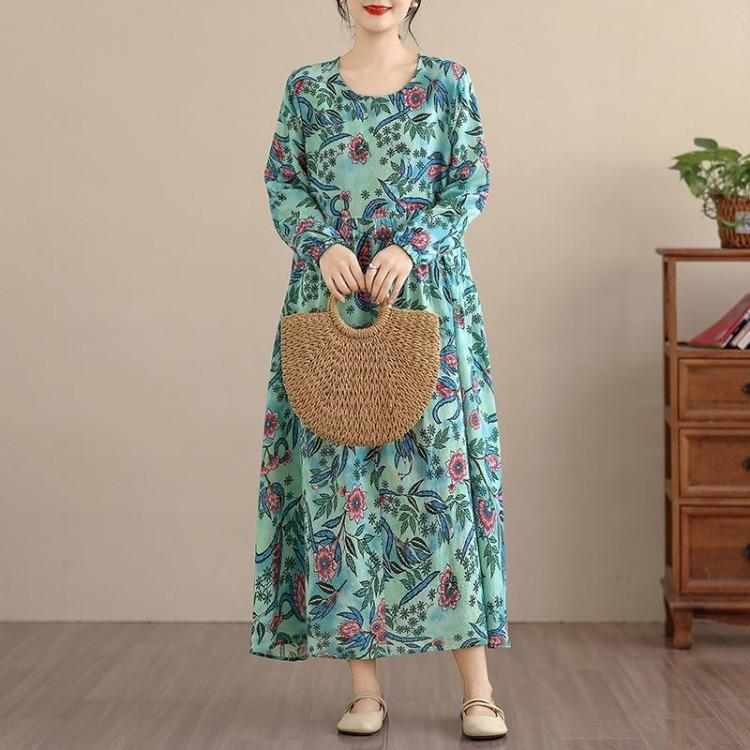 New Spring Summer Women Plus Size Vintage Floral Print Long Dress Loose Oversize Maxi Long Sleeve