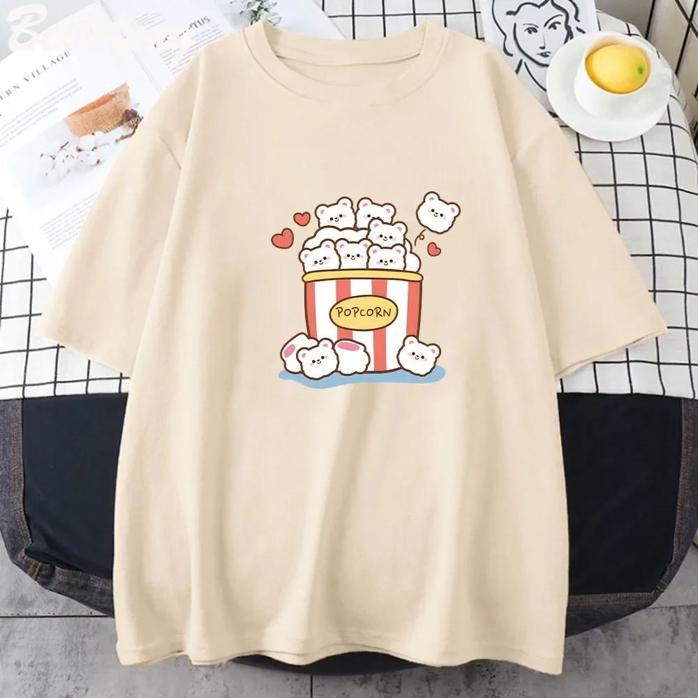 Linda camiseta de palomitas de maíz kawaii para mujer, lindas camisetas gráficas de dibujos animados, unisex, de verano, de algodón puro, ropa vintage Harajuku