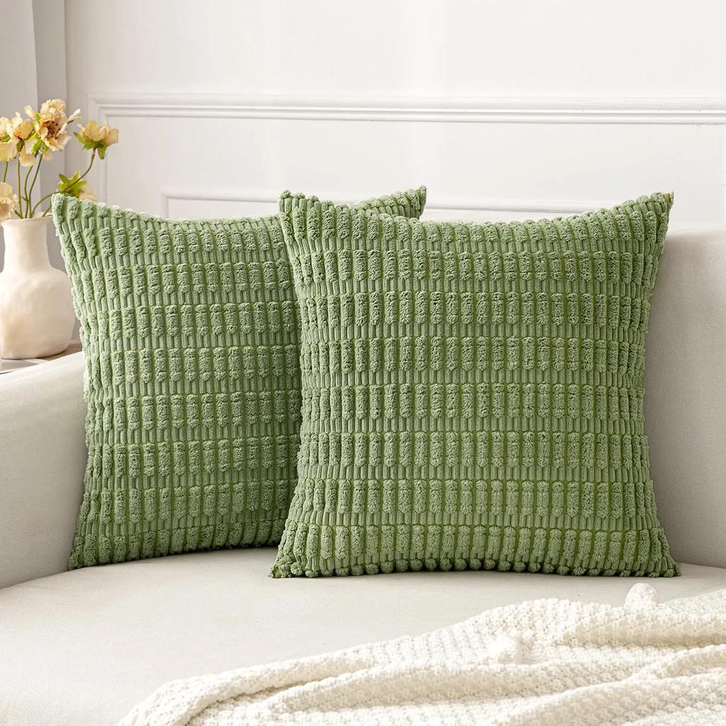 Spring Green Corduroy Decorative Pillow Cover 18x18 Inch Soft Striped Corduroy Cushion Cover Bohemian Home Decor for Sofa Bed