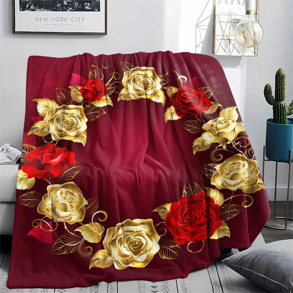 1Pc Golden Flower Print Flannel Blanket, High Quality Comfortable for All Seasons, Home Decor, Warmth and Comfort, Perfect for Gifts