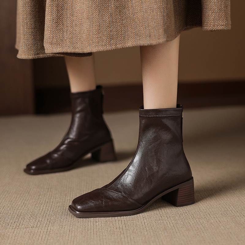 Krazing Pot Microfiber Square Toe Thick Heels Chelsea Boots Size 42 Zip Women Concise Style Elastic Ankle Boots