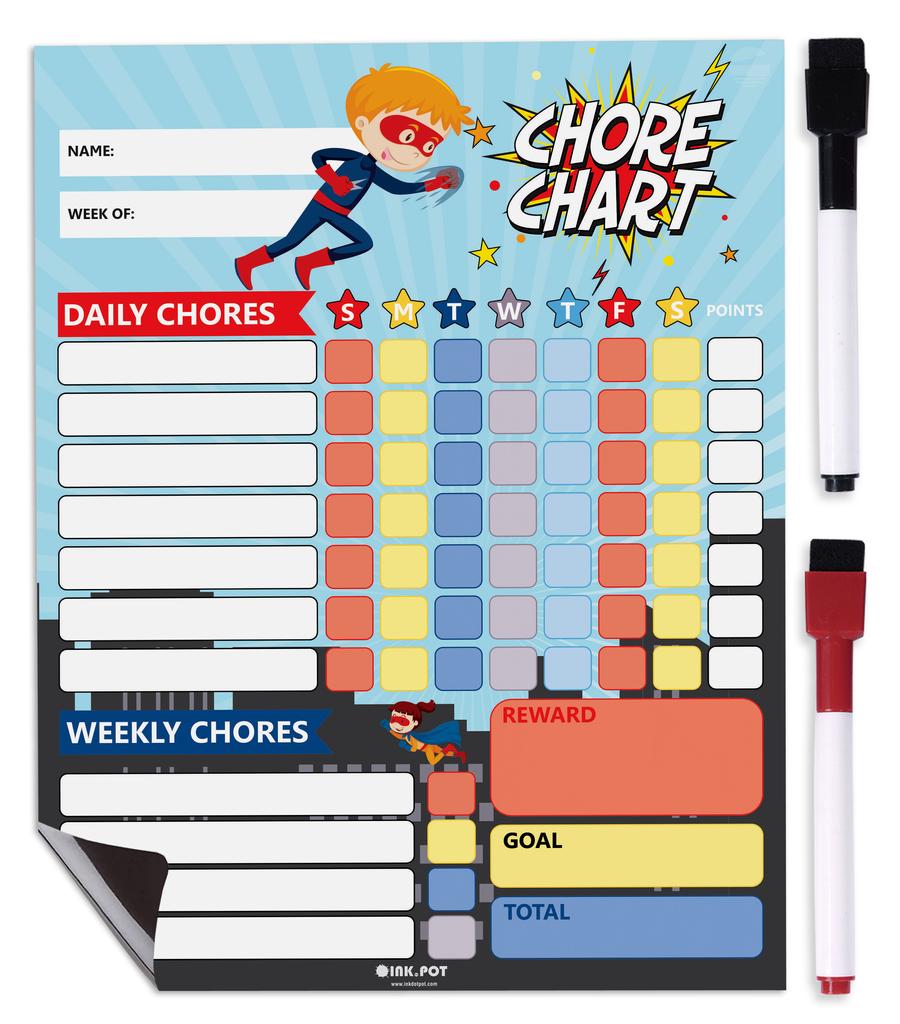 Inkdotpot Magnetic Dry Erase Weekly  Daily Chore Chart Schedule Board for Kids Chores Reward Chart,Good Behavior Chart