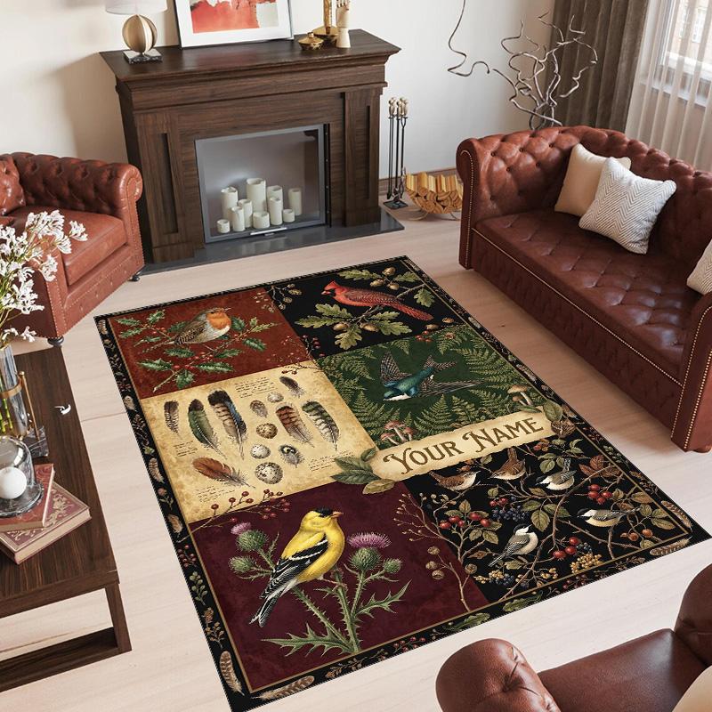 Birds Theme Crystal Velvet Floor Rug Personalized Custom Name Text Warm Carpet Home Decoration