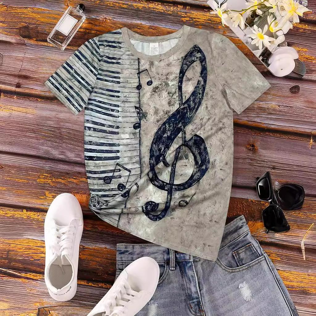 Summer Round Neck 3D Musical Note Print Top Fashionable Casual Short Sleeved Women's T-shirts