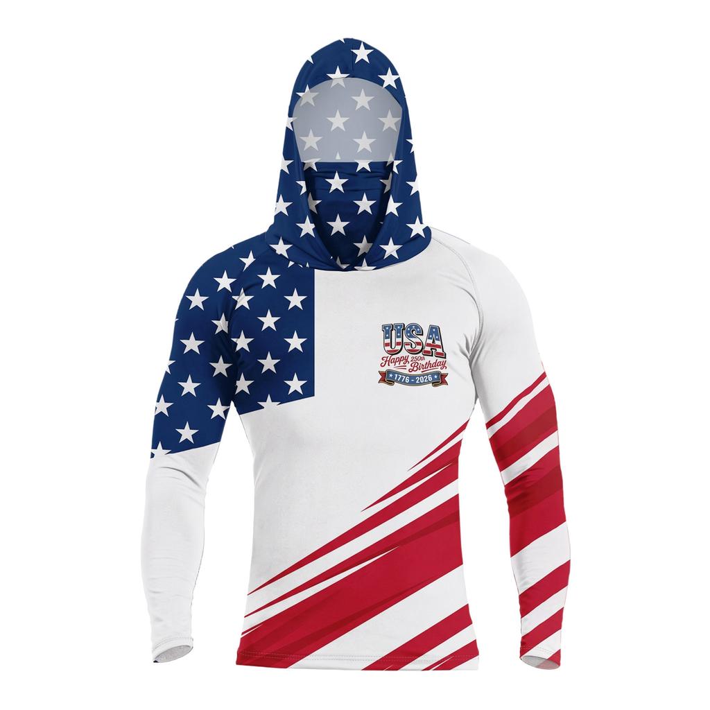 Men's Summer Casual Long Sleeve Hoodie Quick Dry Flag Print Sun Protection Shirt Fishing Fitness Sports Outdoor Wear