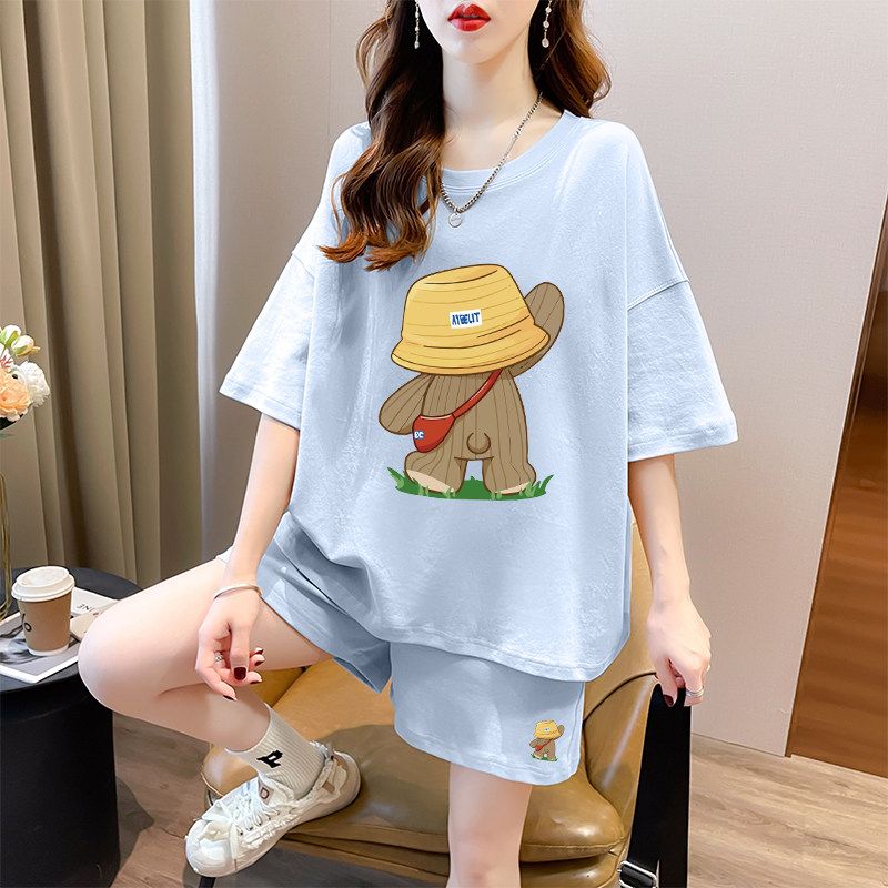 Pure Cotton Short Sleeve Short Pants Suit Women's Summer Plus Size Plus Size Ladies Loose Fashion Casual Sports Style Wear a Set of Fashion
