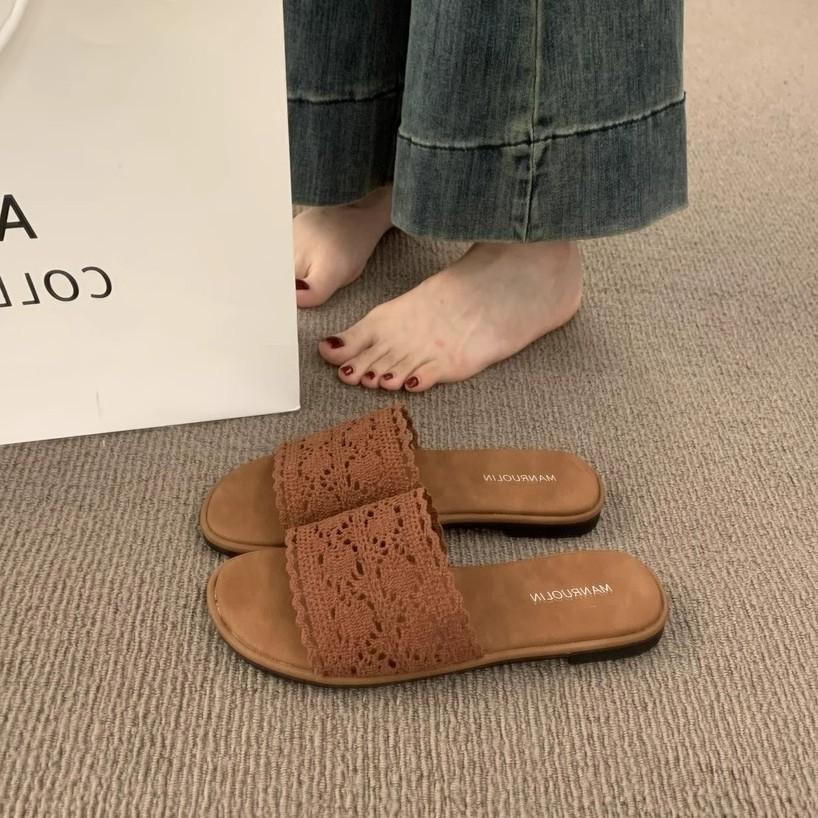

Retro flat-bottomed woven cool slippers for women s summer wear 2025 new bohemian seaside vacation beach one-word drag 40 коричневый