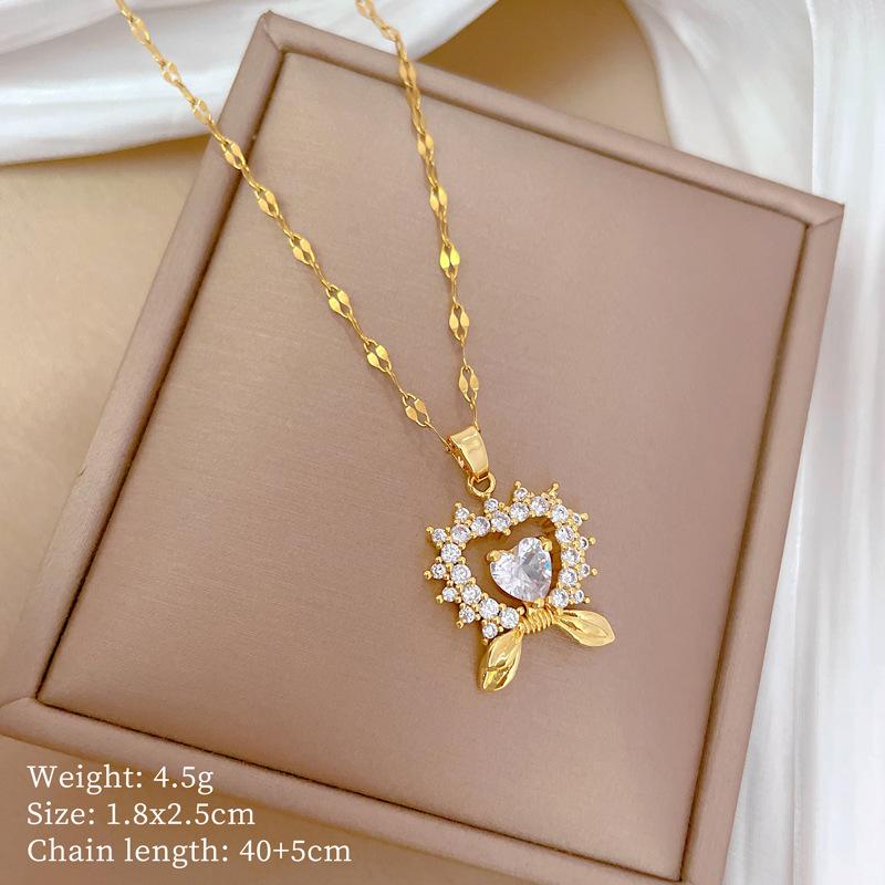 Love Bow Light Luxury Temperament Gorgeous Full Diamond Necklace Women S Versatile Collarbone Chain Titanium Steel Chain