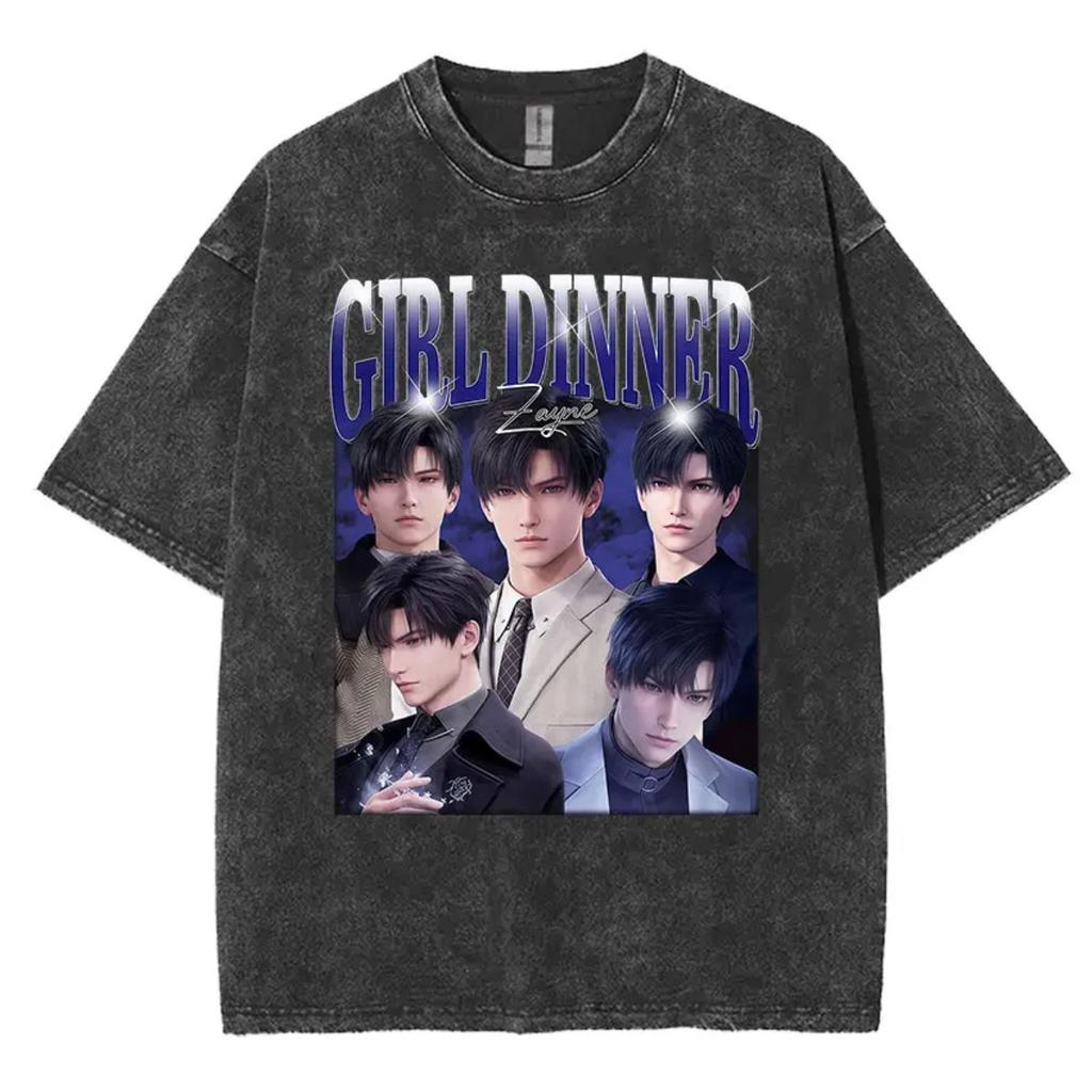 Funny Girl Dinner Caleb Graphic Print T-Shirt Men Women Love and Deepspace Cotton Fashion High-street Vintage Washed Cotton Loose Casual Oversized Tee