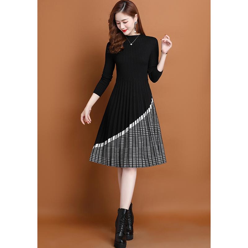 Hengyuanxiang 2025 Herbst/Winter Schlankmachendes Rundhals Modisches Gestricktes Wollkleid