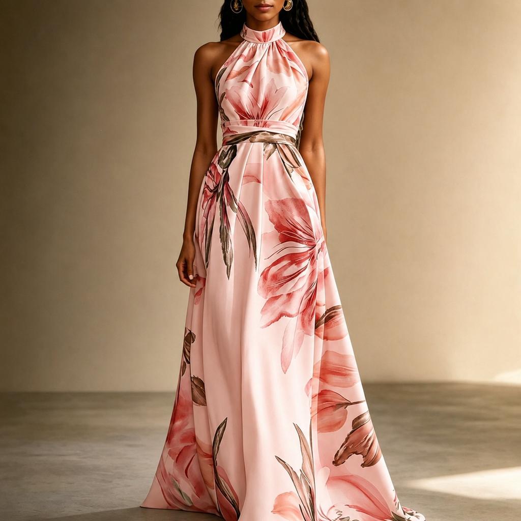 Women Halter Neck Maxi Dress Floral Print Sleeveless Long Flowing A-Line Vacation Dress with Waist Tie