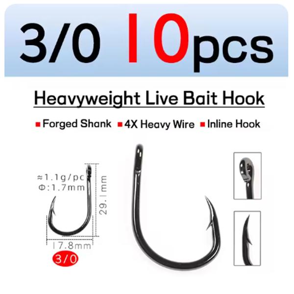 10PCS/Bag 4X Strong Live Bait Hook 3/0 - 11/0 Heavy Duty Saltwater Single Jig Fishhook for Deep Sea Boat Fishing