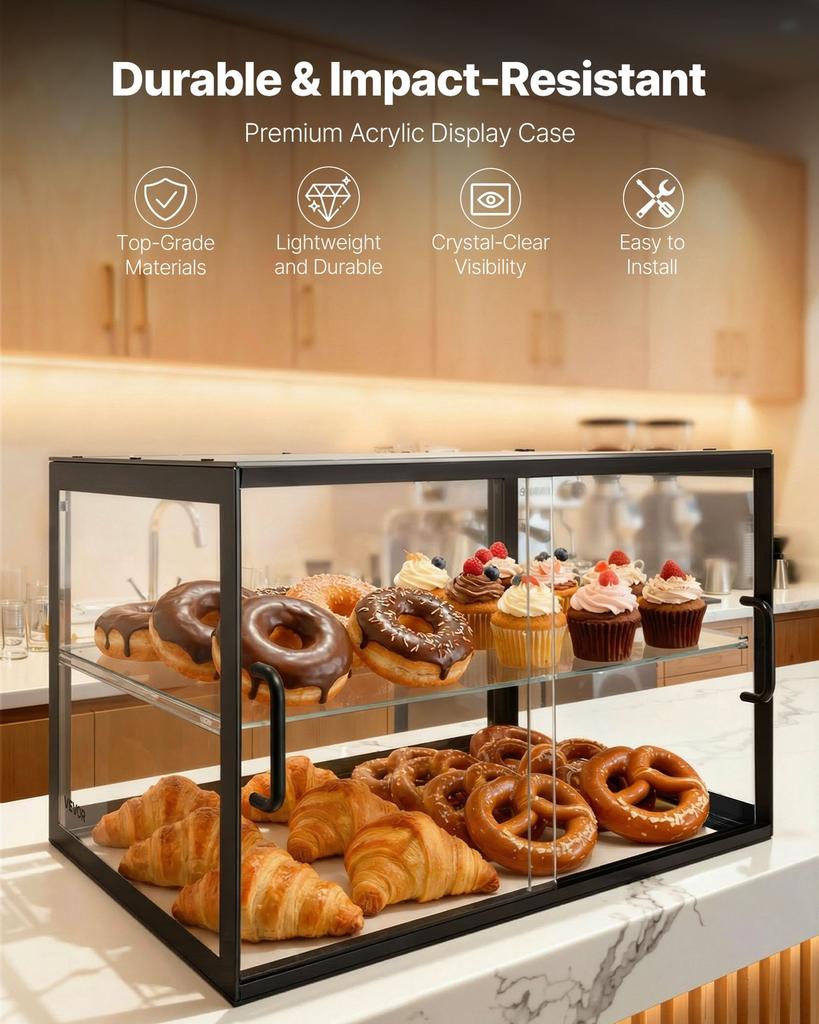 Bakery Display Case, 2-Tier Commercial Countertop Pastry Display Case, Clear Acrylic Bread Box for Kitchen, Party Cake Cabinet with Sliding Door for