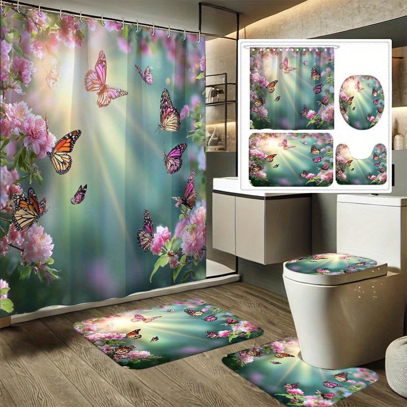 

4pcs Spring Butterfly Dance Floral Print Shower Curtain Set, Bathroom Decor Set Includes Shower Curtain, Non-Slip Bath Mat 90x180cm