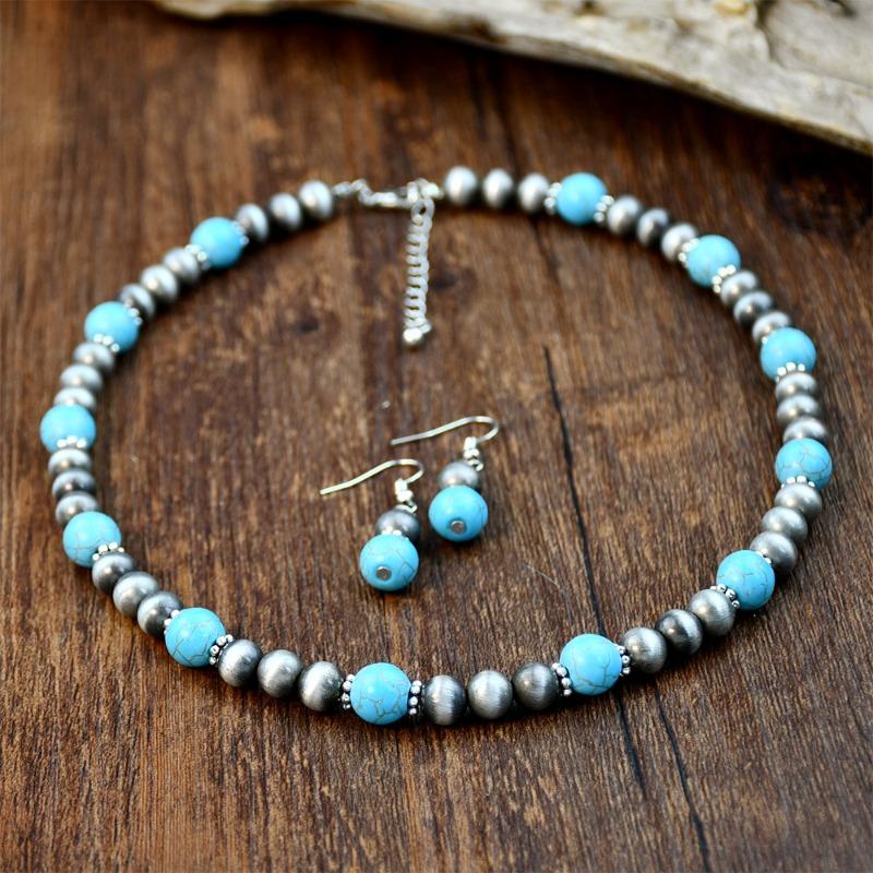 GemChic Women's New Vintage Turquoise Beads Chain Necklace Earrings Two Piece Set Ethnic Birthday Christmas Jewelry Gift