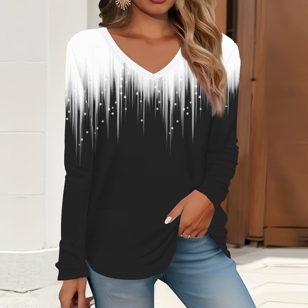 

2023 весна и осень новая мода с длинным рукавом повседневная футболка с v-образным вырезом и принтом