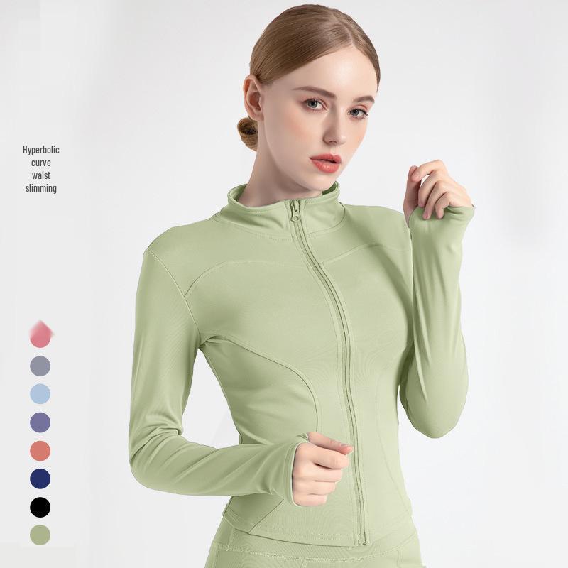 Pfirsichfarbene Fitnessjacke: Schnelltrocknendes Langarm-Sportoberteil mit Reißverschluss und Stehkragen für Yoga im Frühling und Herbst