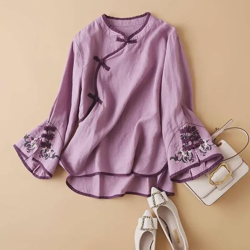 Spring/Autumn 2024 Women's Chinese Style Embroidered Oblique Collar Top