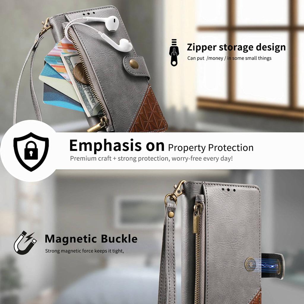 Für Google Pixel 10A 9A 10 9 Pro XL Brieftaschenhülle, RFID-Blockierung 3-Kartenhalter Ständer Stoßfeste TPU-Schale, Handgelenkband Reißverschluss