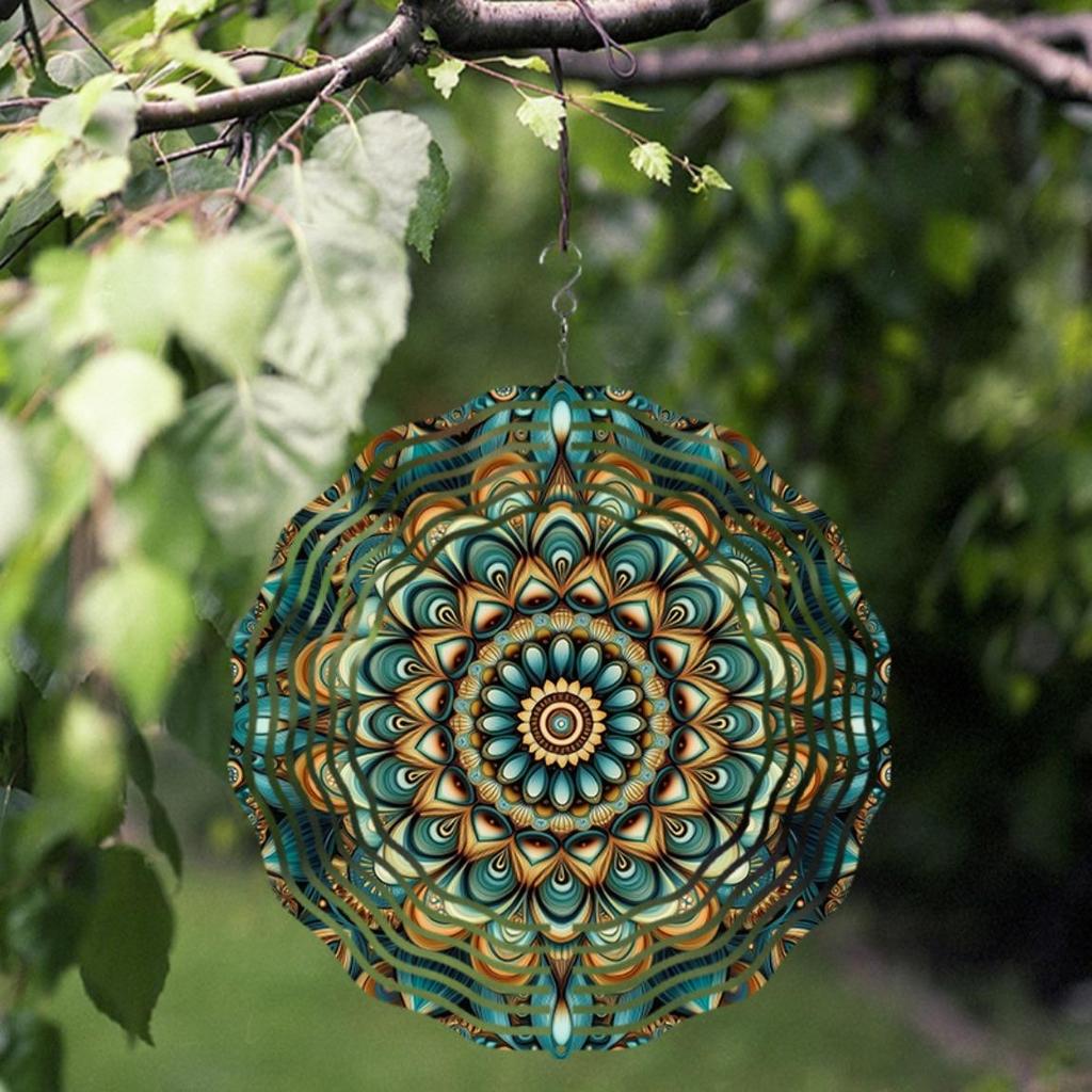Metal Wind Spinner Autumn Flower Mandala Design in Teal Gold Brown for Garden Patio Balcony Decor All Season Outdoor Wind Chime