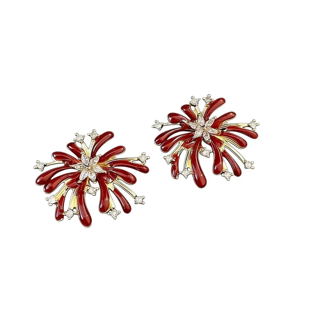 Burgundy Drop Glaze Zircon Fireworks Stud Earrings Women's New Popular Earrings Unique Niche Beautiful Earrings